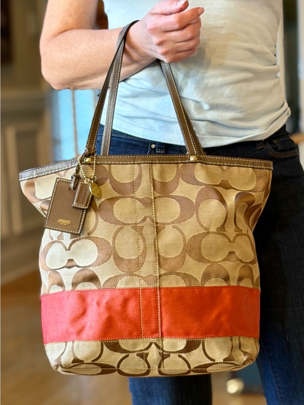 Coach Vintage Y2K 2006 Signature Stripe Tote Bag Khaki Brown Dark Orange